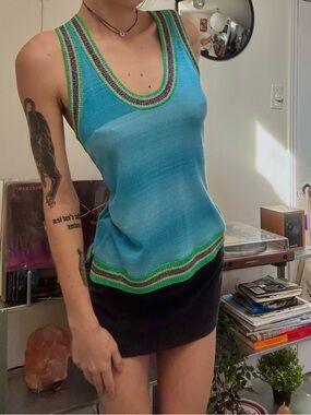 Zadig & Voltaire Aqua Blue Knit Tank with Green Trim